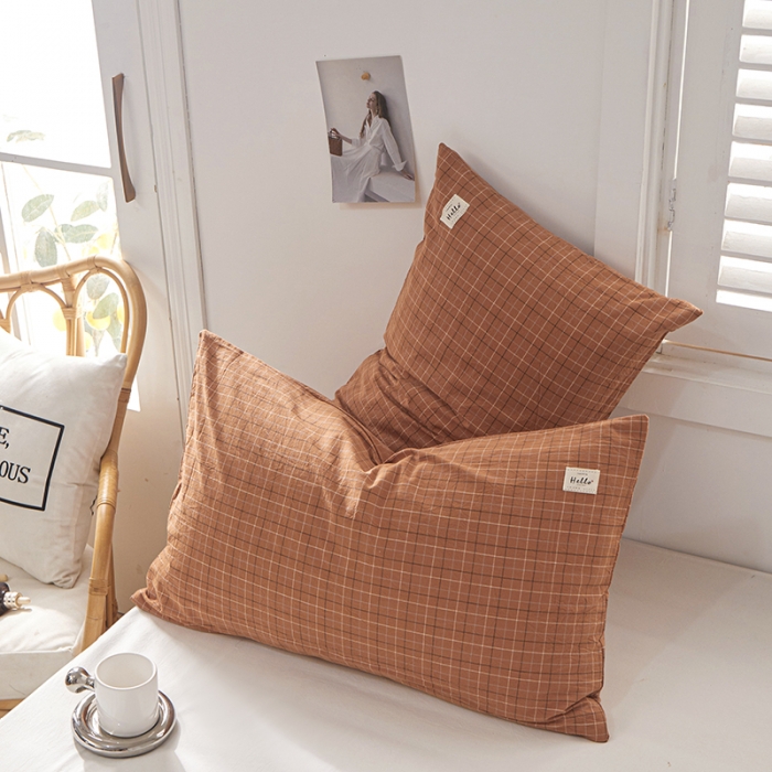 91家纺网 家纺一手货源 找家纺 眠优居 全棉色织水洗棉日系枕套【口袋枕】 格里-咖 (日系枕)