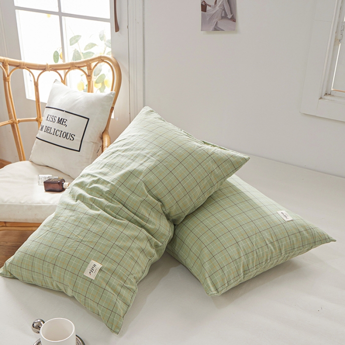 91家纺网 家纺一手货源 找家纺 眠优居 全棉色织水洗棉日系枕套【口袋枕】 格里-绿(日系枕)