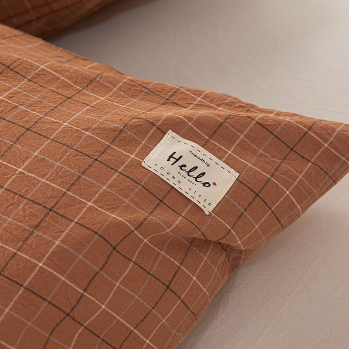 91家纺网 家纺一手货源 找家纺 眠优居 全棉色织水洗棉日系枕套【口袋枕】 格里-咖 (日系枕)