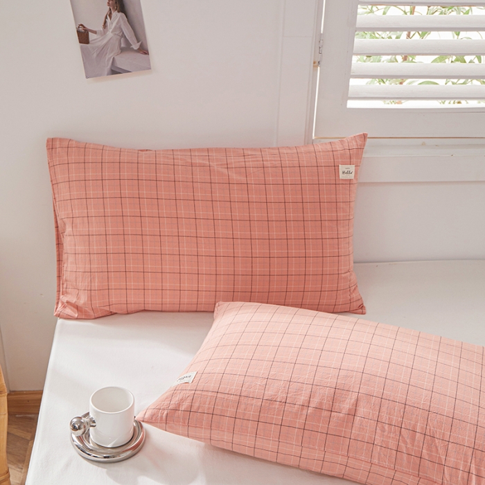 91家纺网 家纺一手货源 找家纺 眠优居 全棉色织水洗棉日系枕套【口袋枕】 格里-粉(日系枕)