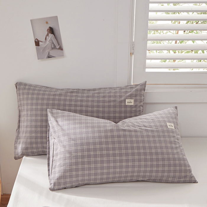 91家纺网 家纺一手货源 找家纺 眠优居 全棉色织水洗棉日系枕套【口袋枕】 灰中格 (日系枕)