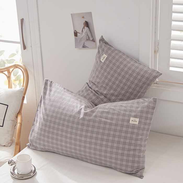 91家纺网 家纺一手货源 找家纺 眠优居 全棉色织水洗棉日系枕套【口袋枕】 灰中格 (日系枕)