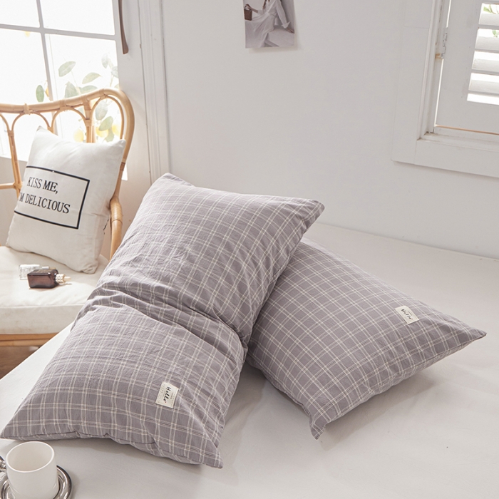 91家纺网 家纺一手货源 找家纺 眠优居 全棉色织水洗棉日系枕套【口袋枕】 灰中格 (日系枕)