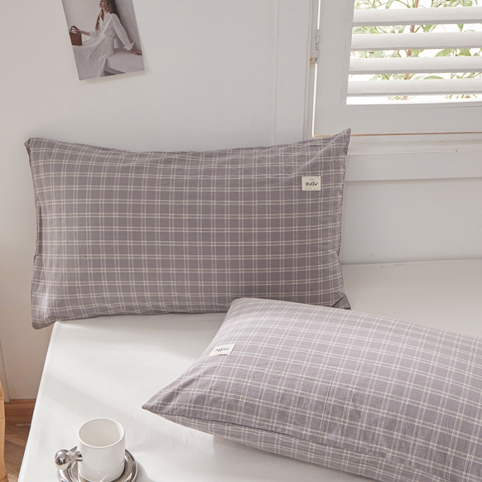 91家纺网 家纺一手货源 找家纺 眠优居 全棉色织水洗棉日系枕套【口袋枕】 灰中格 (日系枕)