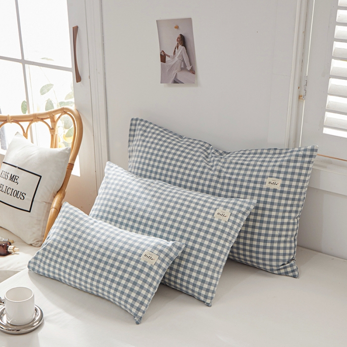 91家纺网 家纺一手货源 找家纺 眠优居 全棉色织水洗棉日系枕套【口袋枕】 兰三分格 (日系枕)