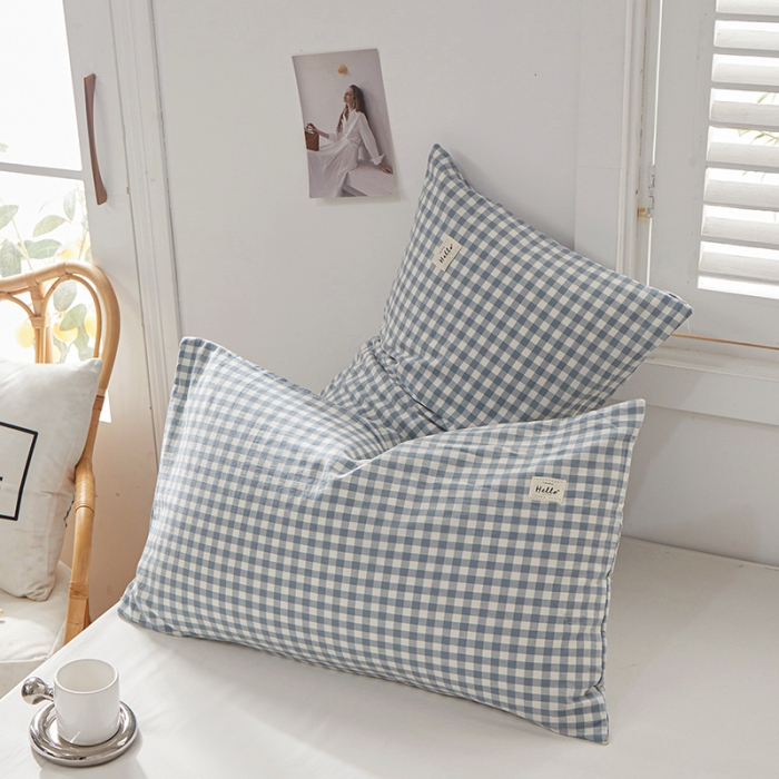 91家纺网 家纺一手货源 找家纺 眠优居 全棉色织水洗棉日系枕套【口袋枕】 兰三分格 (日系枕)