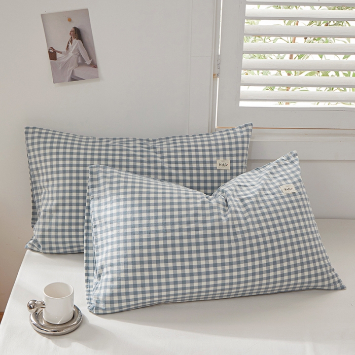 91家纺网 家纺一手货源 找家纺 眠优居 全棉色织水洗棉日系枕套【口袋枕】 兰三分格 (日系枕)