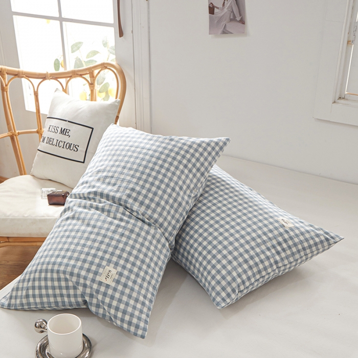 91家纺网 家纺一手货源 找家纺 眠优居 全棉色织水洗棉日系枕套【口袋枕】 兰三分格 (日系枕)