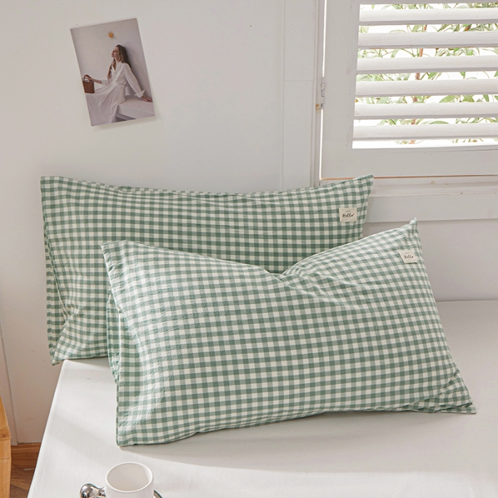 91家纺网 家纺一手货源 找家纺 眠优居 全棉色织水洗棉日系枕套【口袋枕】 小格-新绿 (日系枕 )