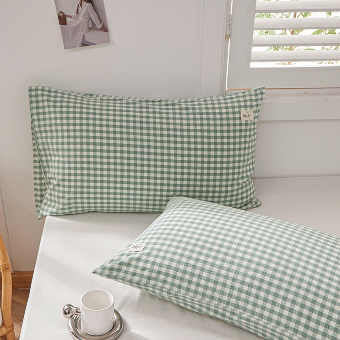 91家纺网 家纺一手货源 找家纺 眠优居 全棉色织水洗棉日系枕套【口袋枕】 小格-新绿 (日系枕 )