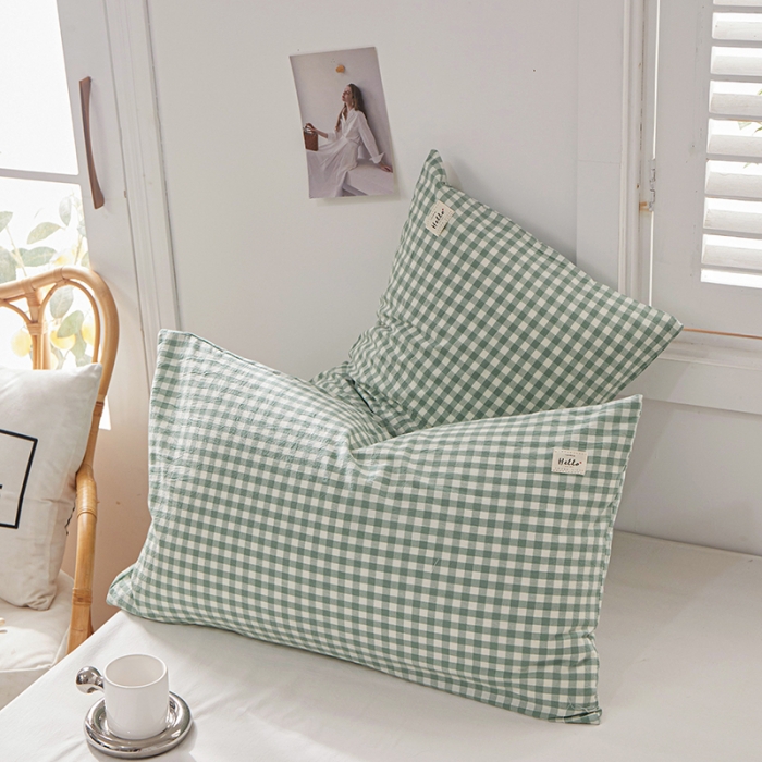 91家纺网 家纺一手货源 找家纺 眠优居 全棉色织水洗棉日系枕套【口袋枕】 小格-新绿 (日系枕 )