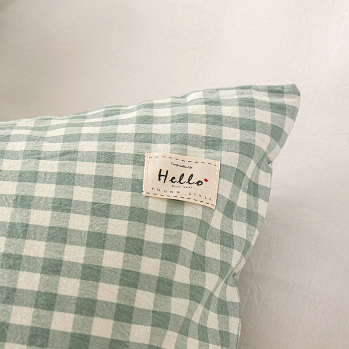 91家纺网 家纺一手货源 找家纺 眠优居 全棉色织水洗棉日系枕套【口袋枕】 小格-新绿 (日系枕 )