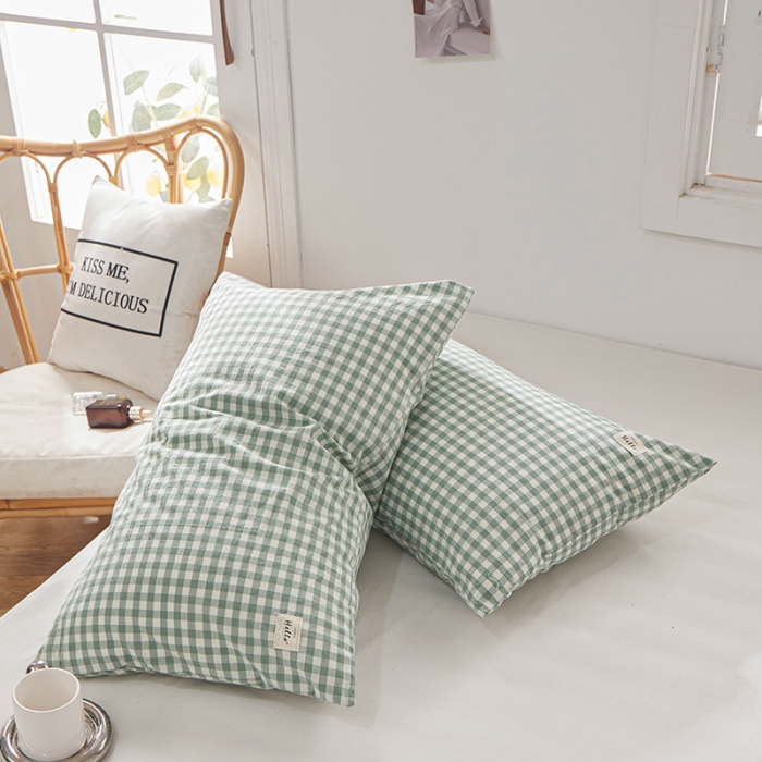 91家纺网 家纺一手货源 找家纺 眠优居 全棉色织水洗棉日系枕套【口袋枕】 小格-新绿 (日系枕 )
