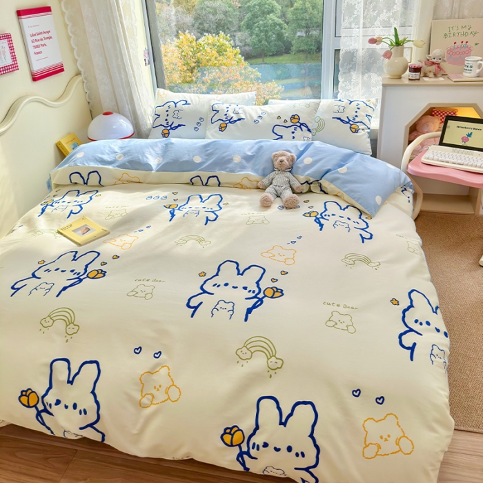 91家纺网 家纺一手货源 找家纺 瑞莱 2023春夏新款全棉印花四件套-卡通系列（第二批） 奶油小白