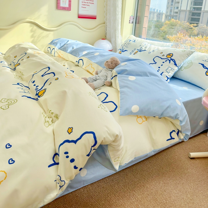 91家纺网 家纺一手货源 找家纺 瑞莱 2023春夏新款全棉印花四件套-卡通系列（第二批） 奶油小白
