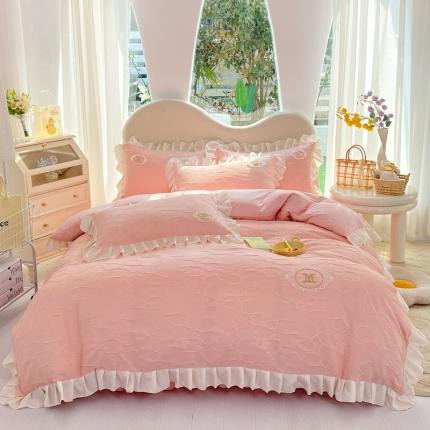 91家纺网 家纺一手货源 找家纺 韩约 2023新款 泡泡纱色织提花四件套 安娜（樱花粉)