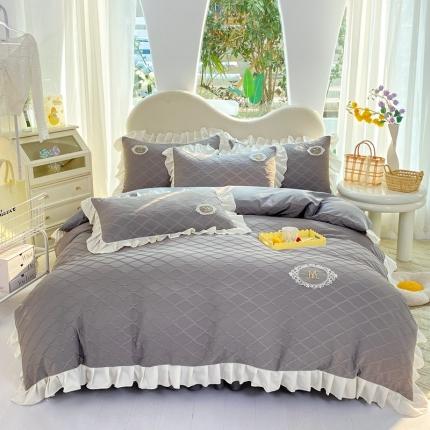 91家纺网 家纺一手货源 找家纺 韩约 2023新款 泡泡纱色织提花四件套 菱形格（绅士灰）