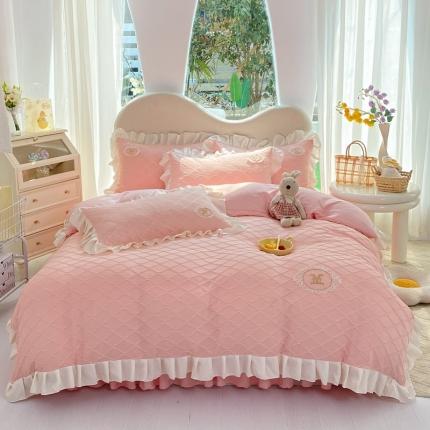 91家纺网 家纺一手货源 找家纺 韩约 2023新款 泡泡纱色织提花四件套 菱形格（樱花粉）