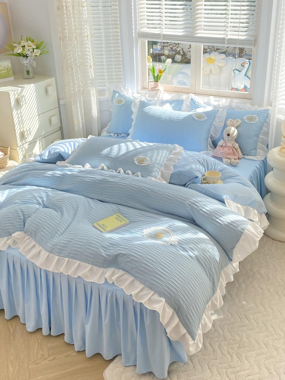 91家纺网 家纺一手货源 找家纺 韩约 2023新款 韩约泡泡纱仙叶系列四件套 千叶花边款（天空兰）