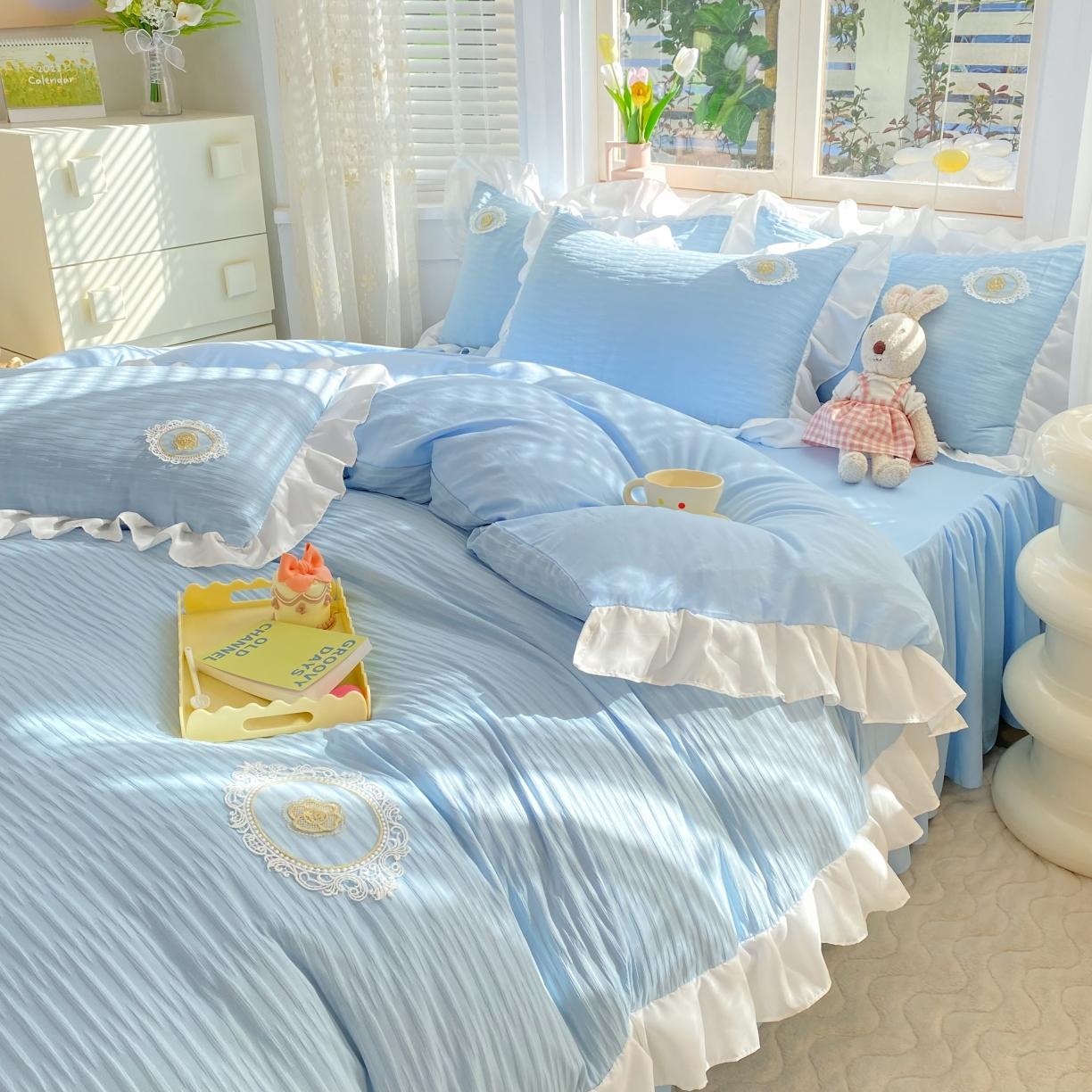 91家纺网 家纺一手货源 找家纺 韩约 2023新款 韩约泡泡纱仙叶系列四件套 千叶花边款（天空兰）