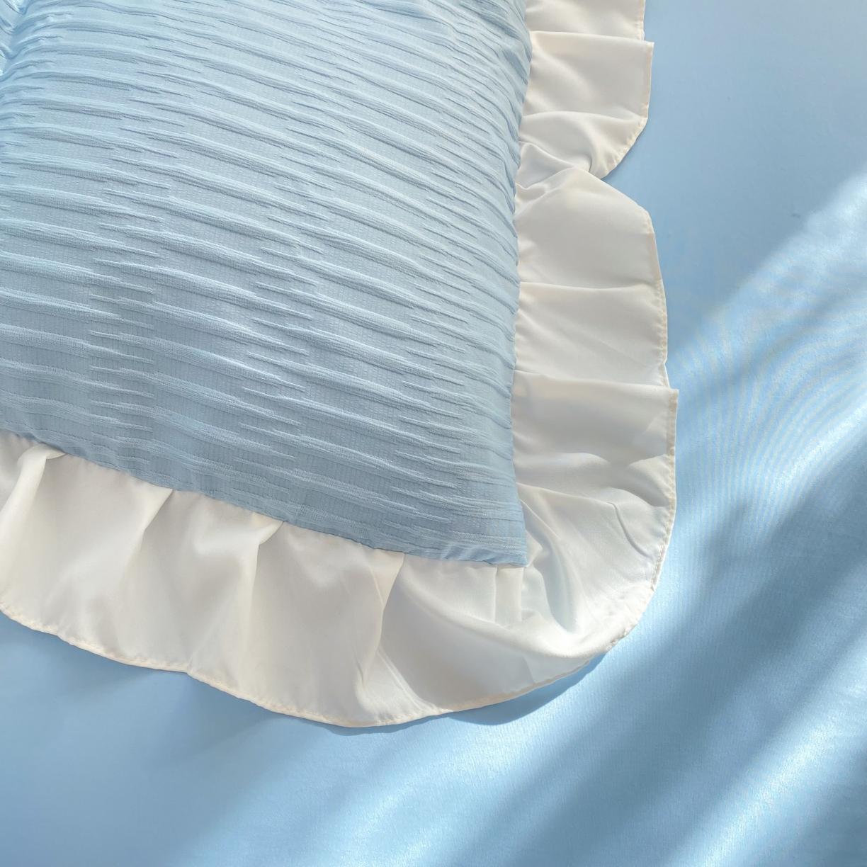 91家纺网 家纺一手货源 找家纺 韩约 2023新款 韩约泡泡纱仙叶系列四件套 千叶花边款（天空兰）