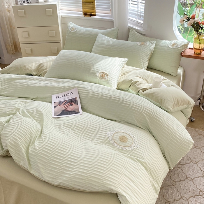 91家纺网 家纺一手货源 找家纺 韩约 2023新款 韩约泡泡纱仙叶系列四件套 仙叶简约款（抹茶绿）