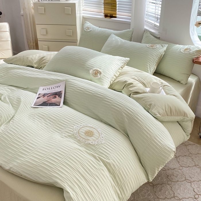 91家纺网 家纺一手货源 找家纺 韩约 2023新款 韩约泡泡纱仙叶系列四件套 仙叶简约款（抹茶绿）