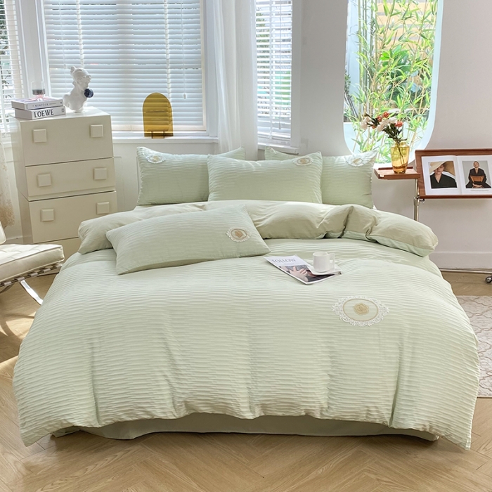 91家纺网 家纺一手货源 找家纺 韩约 2023新款 韩约泡泡纱仙叶系列四件套 仙叶简约款（抹茶绿）