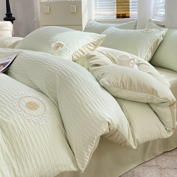 91家纺网 家纺一手货源 找家纺 韩约 2023新款 韩约泡泡纱仙叶系列四件套 仙叶简约款（抹茶绿）