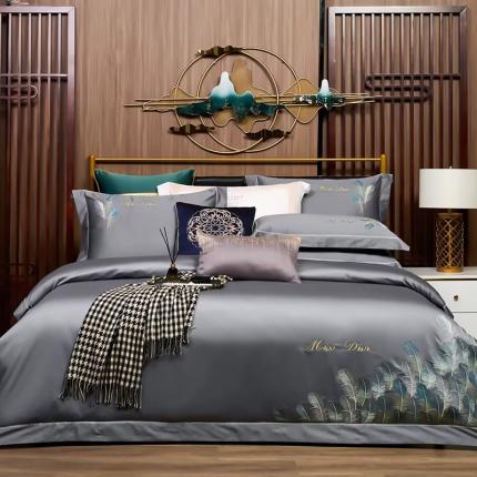 U品汇2023款新品120支s长绒棉宽边刺绣花全棉四件套布鲁克林时尚灰