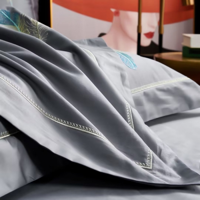 91家纺网 家纺一手货源 找家纺 U品汇2023款新品120支s长绒棉宽边刺绣花全棉四件套布鲁克林时尚灰