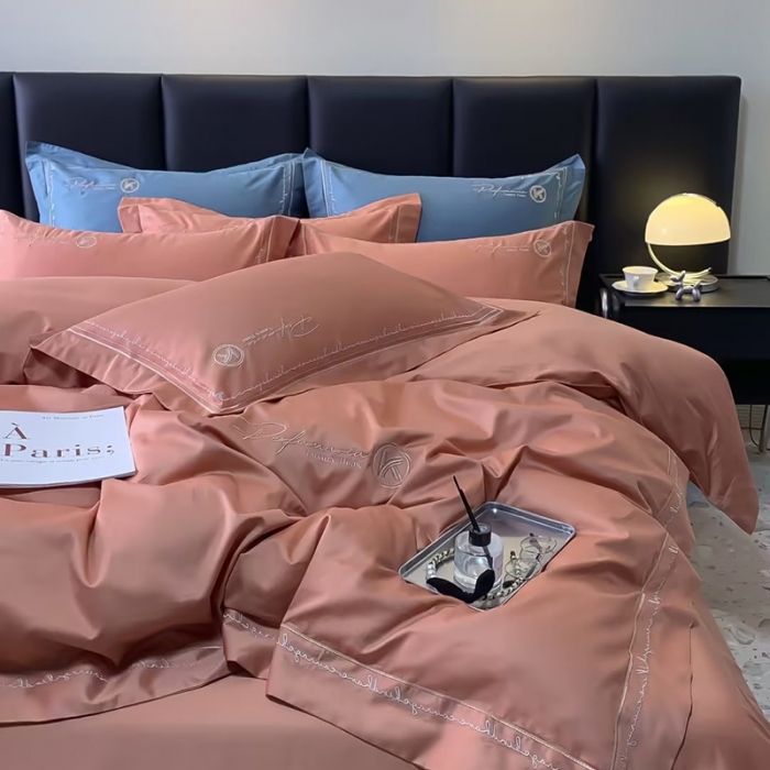 91家纺网 家纺一手货源 找家纺 U品汇2023新品120支s长绒棉宽边刺绣花全棉四件套玛格丽特爱马仕橙