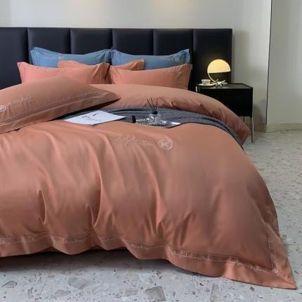 U品汇2023新品120支s长绒棉宽边刺绣花全棉四件套玛格丽特爱马仕橙