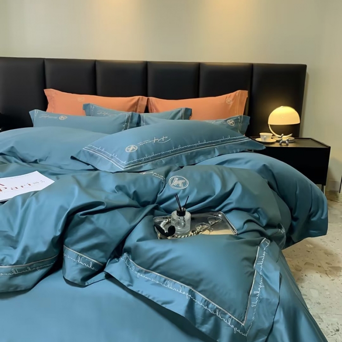 91家纺网 家纺一手货源 找家纺 U品汇2023款120支s长绒棉宽边刺绣花纯棉全棉四件套玛格丽特宝石蓝