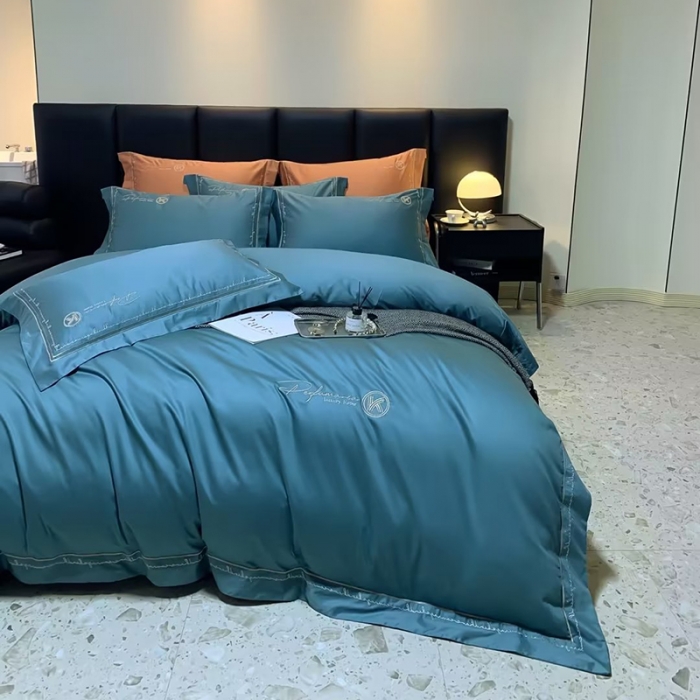 91家纺网 家纺一手货源 找家纺 U品汇2023款120支s长绒棉宽边刺绣花纯棉全棉四件套玛格丽特宝石蓝