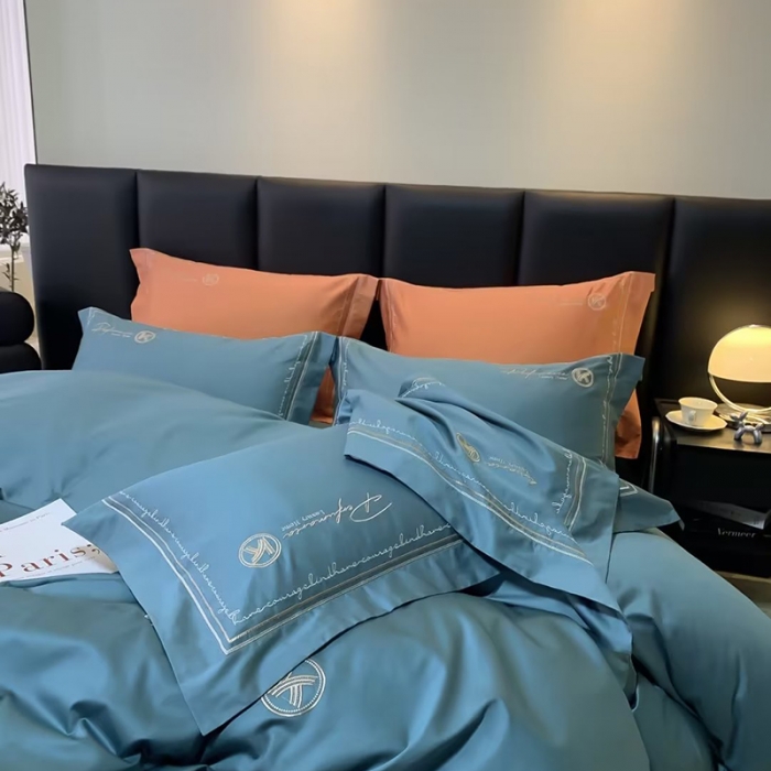 91家纺网 家纺一手货源 找家纺 U品汇2023款120支s长绒棉宽边刺绣花纯棉全棉四件套玛格丽特宝石蓝