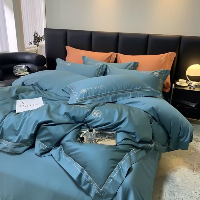 91家纺网 家纺一手货源 找家纺 U品汇2023款120支s长绒棉宽边刺绣花纯棉全棉四件套玛格丽特宝石蓝