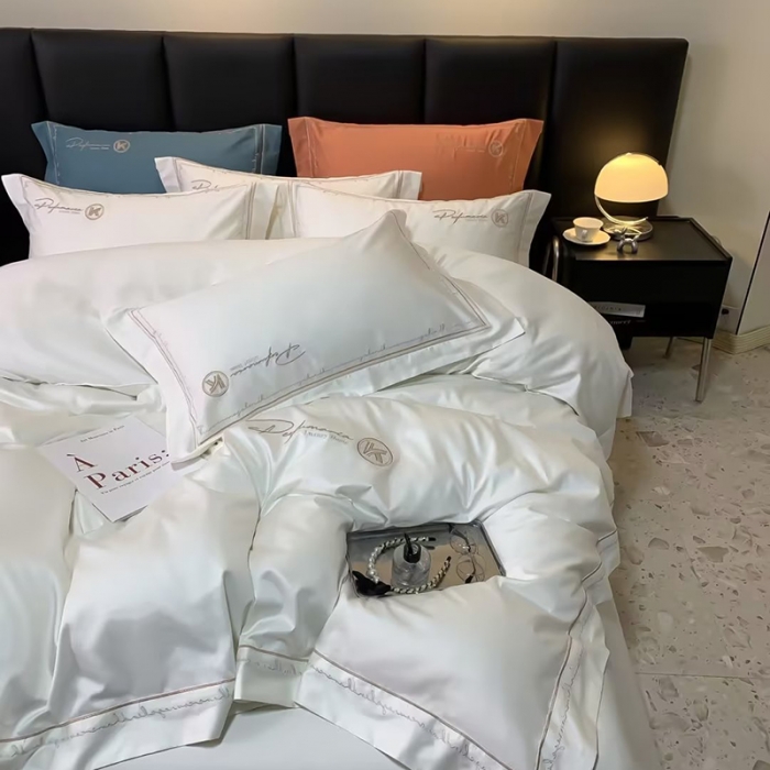 91家纺网 家纺一手货源 找家纺 U品汇2023款新品120支s长绒棉宽边刺绣花全棉四件套玛格丽特绅士白