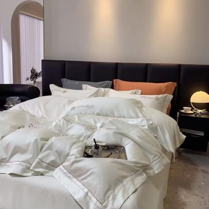 U品汇2023款新品120支s长绒棉宽边刺绣花全棉四件套玛格丽特绅士白