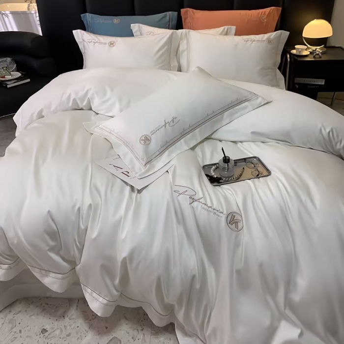 91家纺网 家纺一手货源 找家纺 U品汇2023款新品120支s长绒棉宽边刺绣花全棉四件套玛格丽特绅士白