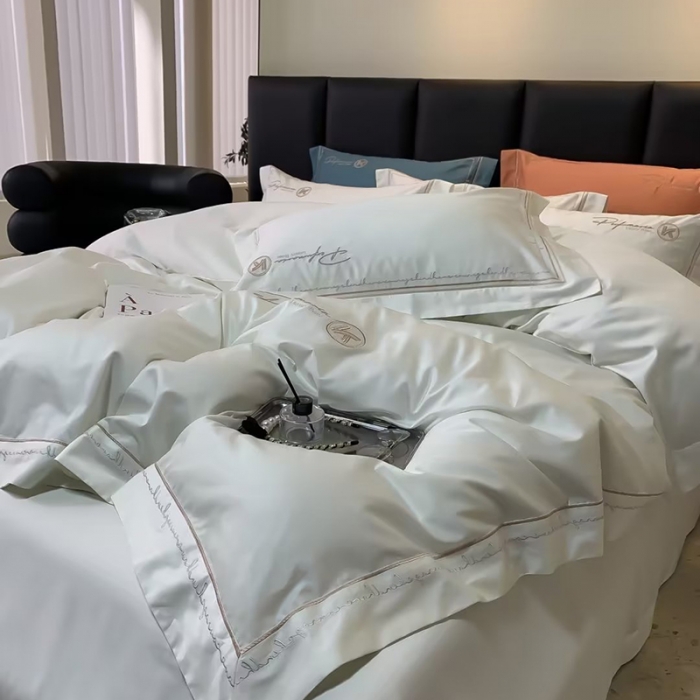 91家纺网 家纺一手货源 找家纺 U品汇2023款新品120支s长绒棉宽边刺绣花全棉四件套玛格丽特绅士白