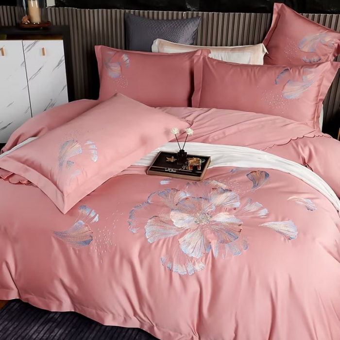 91家纺网 家纺一手货源 找家纺 U品汇2023款新品120支s长绒棉宽边刺绣花纯棉全棉四件套珍弗尼豆沙