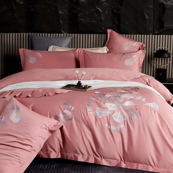 91家纺网 家纺一手货源 找家纺 U品汇2023款新品120支s长绒棉宽边刺绣花纯棉全棉四件套珍弗尼豆沙