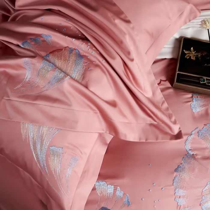 91家纺网 家纺一手货源 找家纺 U品汇2023款新品120支s长绒棉宽边刺绣花纯棉全棉四件套珍弗尼豆沙