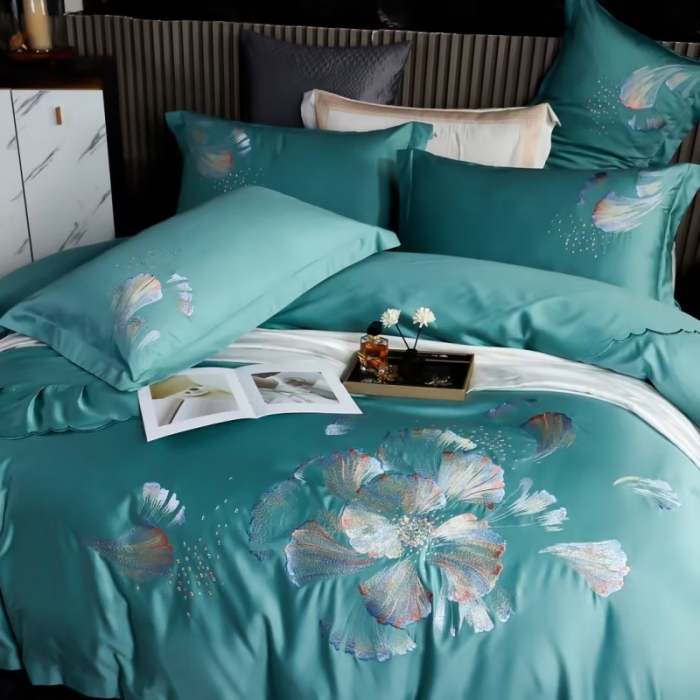 91家纺网 家纺一手货源 找家纺 U品汇2023款新品120支s长绒棉宽边刺绣花纯全棉四件套珍弗尼浅石兰