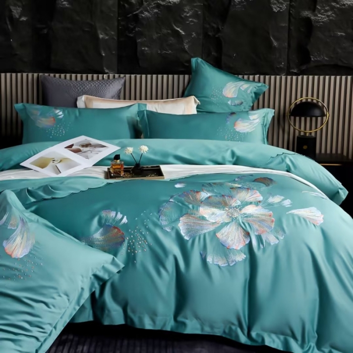 91家纺网 家纺一手货源 找家纺 U品汇2023款新品120支s长绒棉宽边刺绣花纯全棉四件套珍弗尼浅石兰