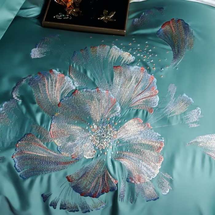 91家纺网 家纺一手货源 找家纺 U品汇2023款新品120支s长绒棉宽边刺绣花纯全棉四件套珍弗尼浅石兰