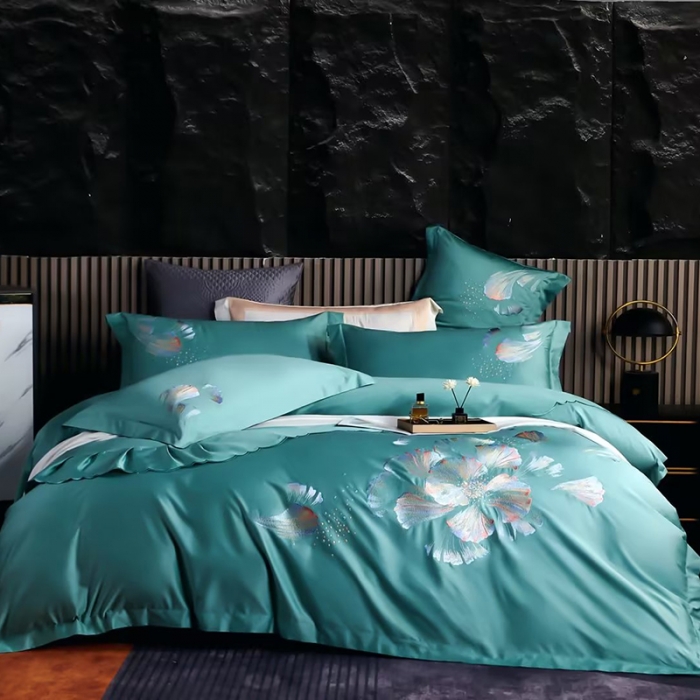 91家纺网 家纺一手货源 找家纺 U品汇2023款新品120支s长绒棉宽边刺绣花纯全棉四件套珍弗尼浅石兰