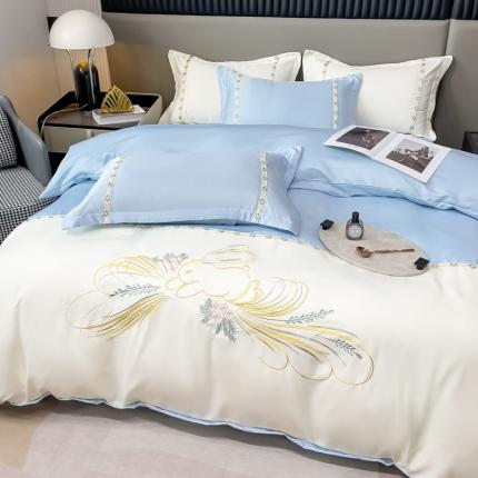 91家纺网 家纺一手货源 找家纺 二八年华 2024水洗真丝立体刺绣花边四件套-专版花型 天空蓝