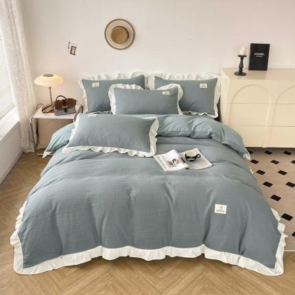 91家纺网 家纺一手货源 找家纺 雅萱 2023新款华夫格四件套-花边款 雾蓝